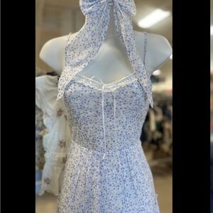 Floral Blue and White Dress with Bow